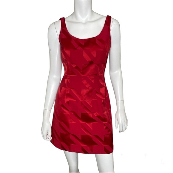 Vintage 1990s Cynthia rowley red houndstooth print satin mini dress size 4 - Picture 1 of 9